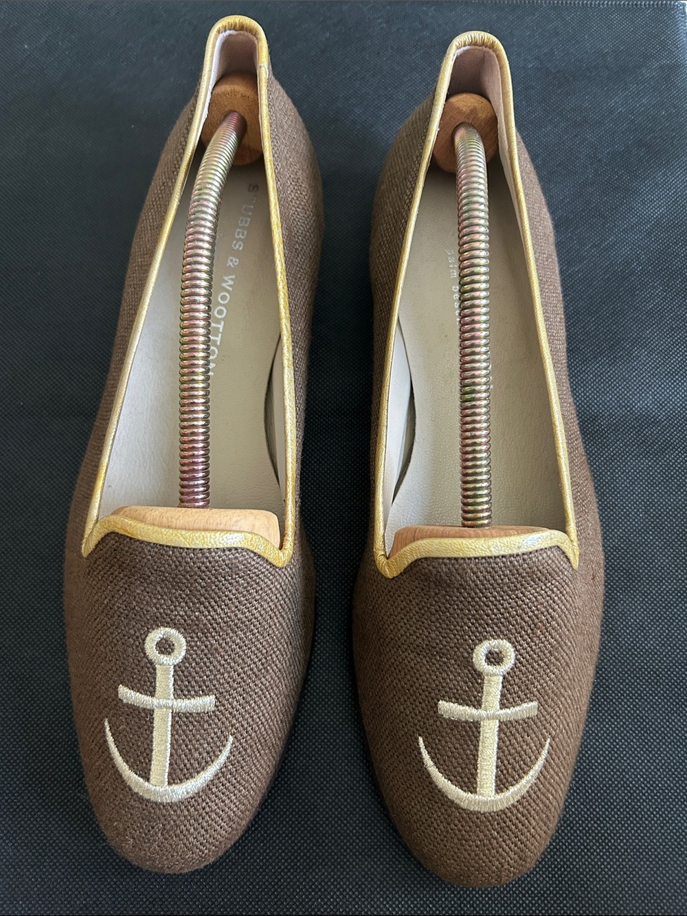 Stubbs & Wootton Brown Loafers with Cream Anchor Embroidery